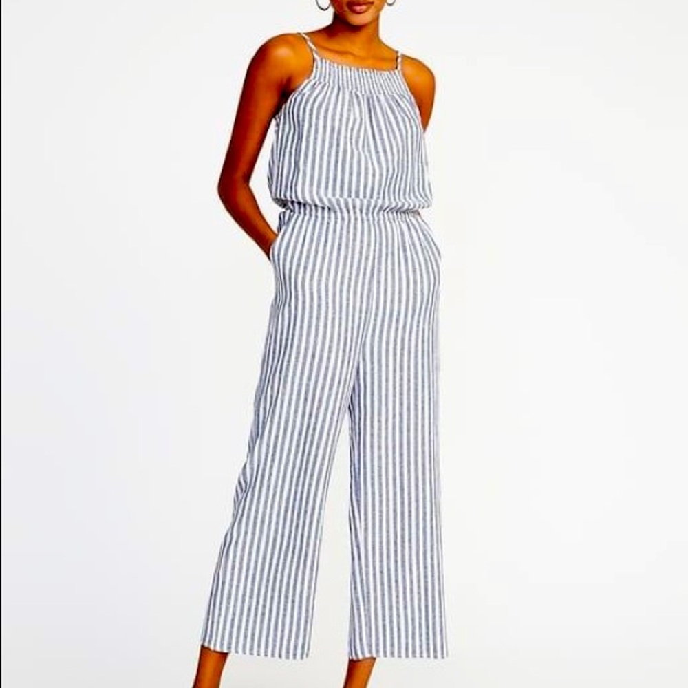 Sleeveless Smocked-Neck Striped Jumpsuit